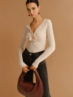 V-Neck 3D Flower Pleated Slim Blouse