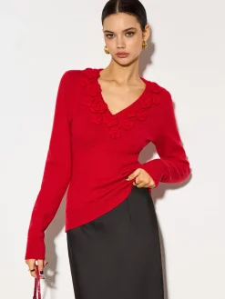 V-Neck 3D Flower Skinny Knit Top