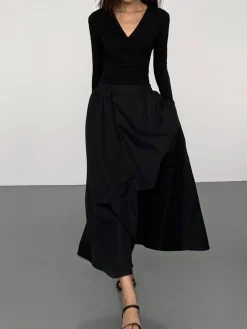 V-Neck Double Pockets Long Sleeve Long Dress