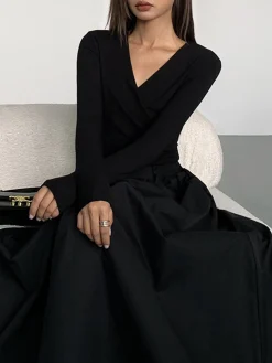 V-Neck Double Pockets Long Sleeve Long Dress
