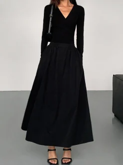 V-Neck Double Pockets Long Sleeve Long Dress