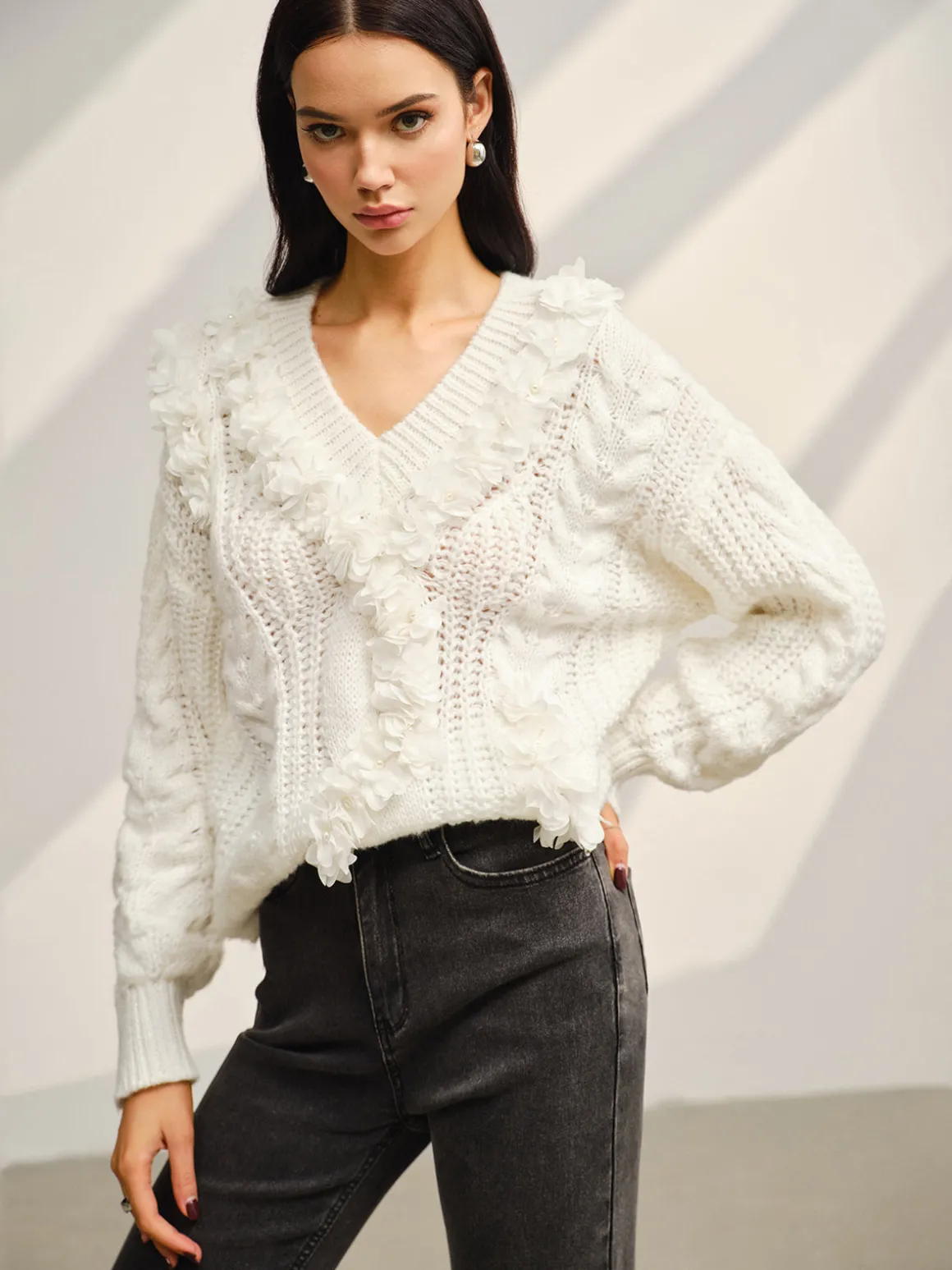 V-Neck Floral-Decor Shift Sweater