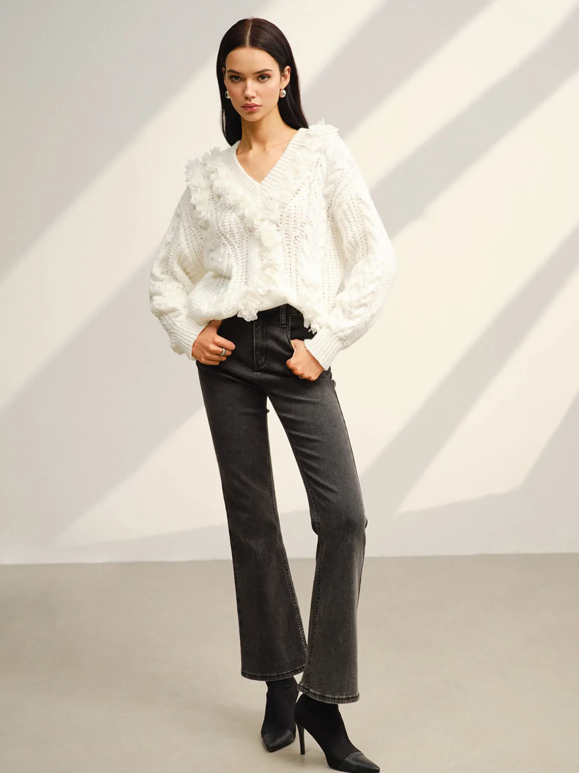 V-Neck Floral-Decor Shift Sweater