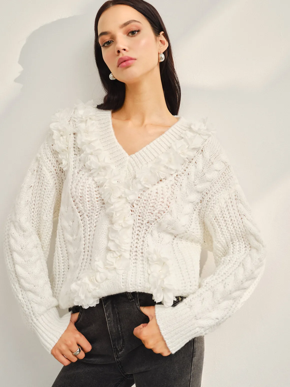 V-Neck Floral-Decor Shift Sweater