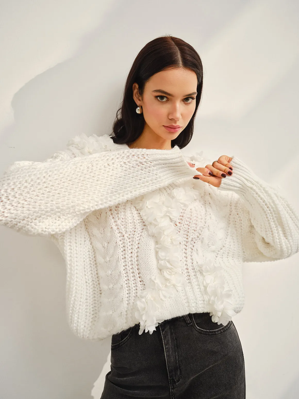 V-Neck Floral-Decor Shift Sweater