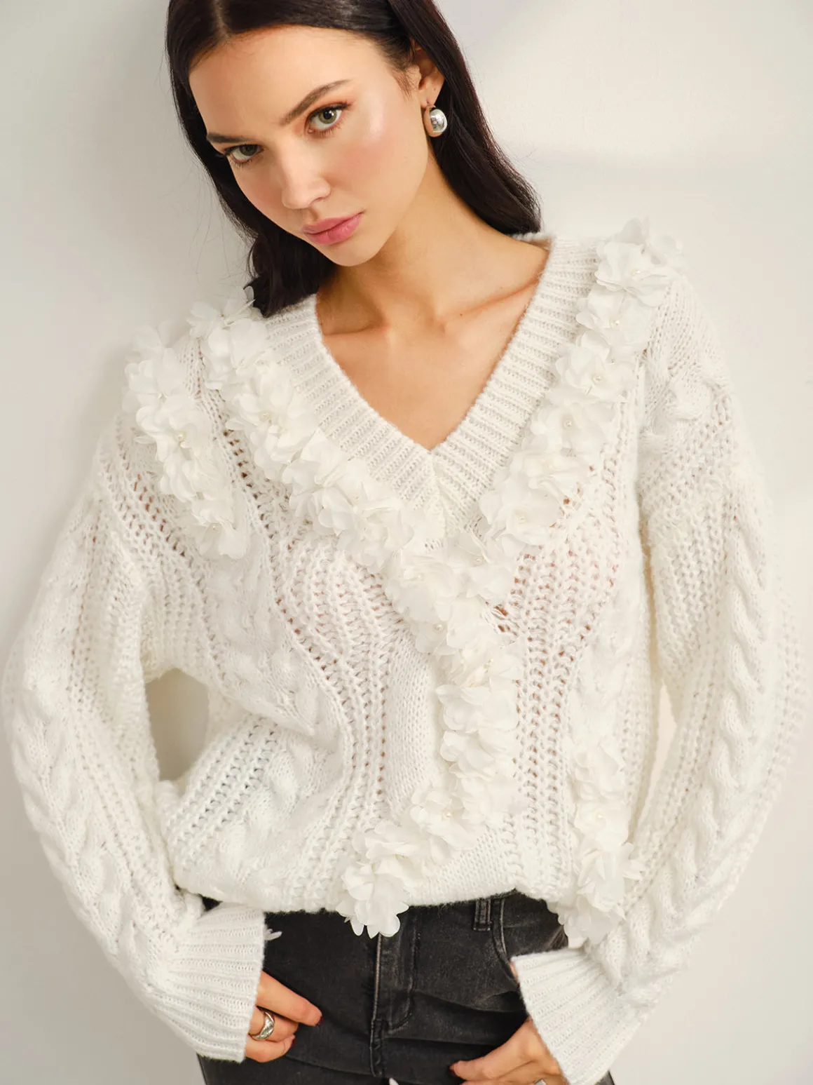 V-Neck Floral-Decor Shift Sweater