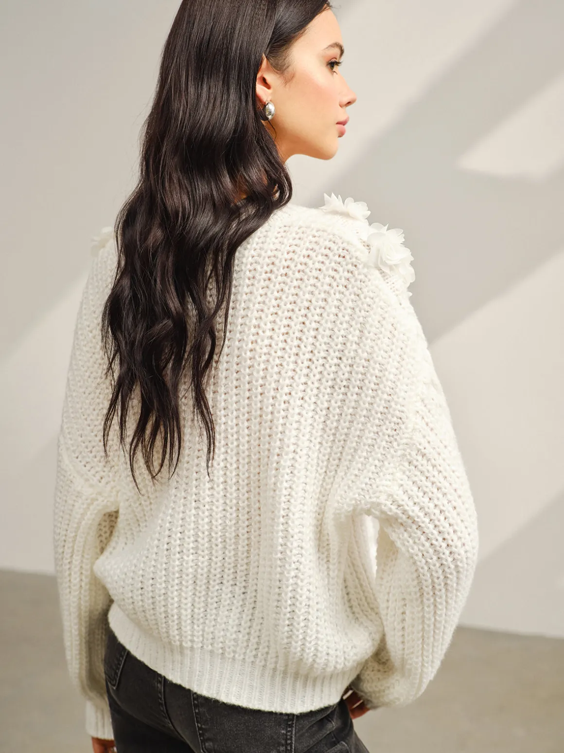 V-Neck Floral-Decor Shift Sweater