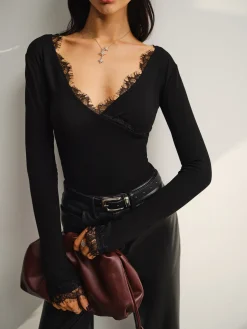 V-Neck Lace Trim Skinny Jersey Top
