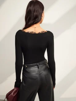 V-Neck Lace Trim Skinny Jersey Top