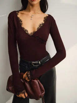 V-Neck Lace Trim Skinny Jersey Top