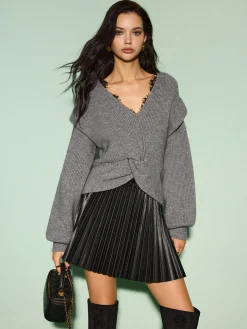 V-Neck Lantern Sleeve Knotted Sweater