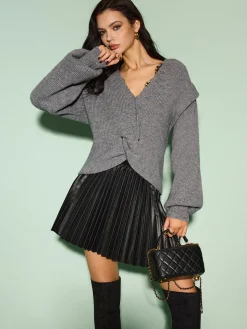V-Neck Lantern Sleeve Knotted Sweater