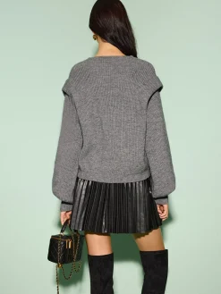V-Neck Lantern Sleeve Knotted Sweater