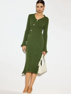 V-Neck Lapel Sweater Midi Dress