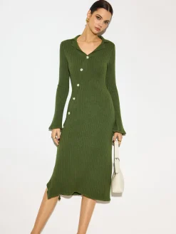 V-Neck Lapel Sweater Midi Dress