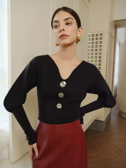 V-Neck Leg-Of Mutton Sleeve Sweater