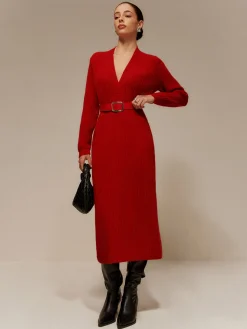 V-Neck Long Sleeve Belted Sweater Dress