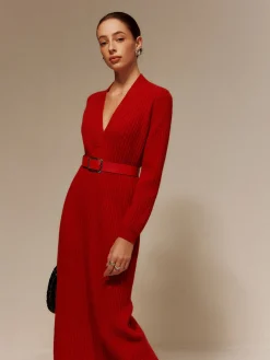 V-Neck Long Sleeve Belted Sweater Dress