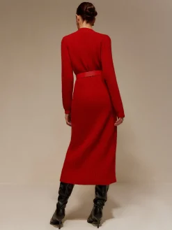 V-Neck Long Sleeve Belted Sweater Dress