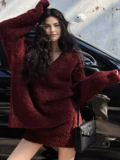 V-Neck Minky Sweater Skirt Set