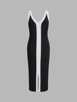 V-Neck Monochrome Long Dress