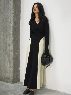 V-Neck Panel Pleated Long Dress