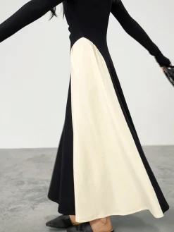 V-Neck Panel Pleated Long Dress