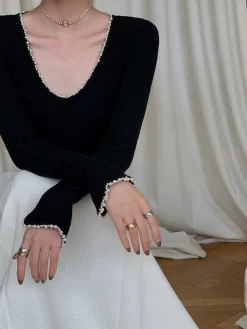 V-Neck Pearl Trim Knit Top