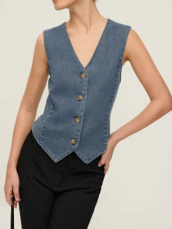 V-Neck Piping Button Denim Vest
