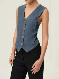 V-Neck Piping Button Denim Vest
