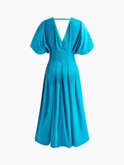 V-Neck Pleated Bell-Sleeve Dress