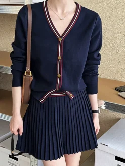 V-Neck Pleated Jersey Skirt Set