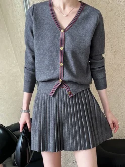 V-Neck Pleated Jersey Skirt Set