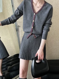 V-Neck Pleated Jersey Skirt Set