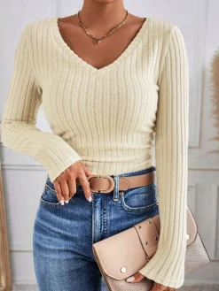 V-Neck Ribbed Skinny Blouse