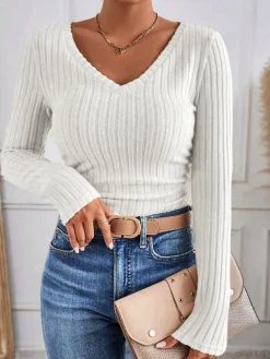 V-Neck Ribbed Skinny Blouse