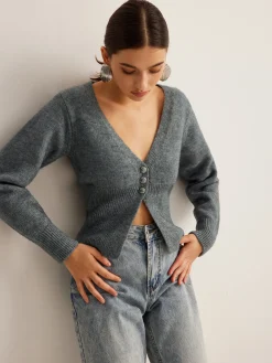 V-Neck Ribbed Split Slim Cardigan