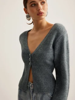 V-Neck Ribbed Split Slim Cardigan