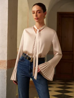 V-Neck Satin Pleated Shirt With Ribbon