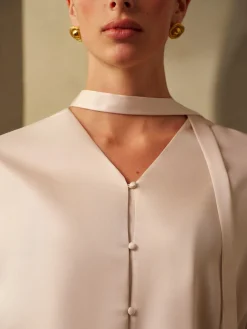 V-Neck Satin Pleated Shirt With Ribbon