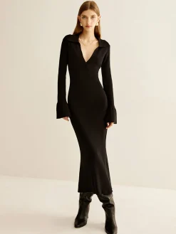 V-Neck Slim Lapel Sweater Dress