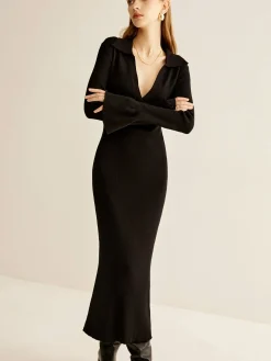 V-Neck Slim Lapel Sweater Dress