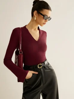 V-Neck Slit-Cuff Jersey Blouse