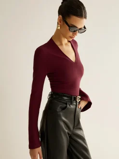 V-Neck Slit-Cuff Jersey Blouse