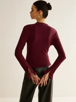 V-Neck Slit-Cuff Jersey Blouse