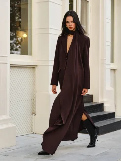 V-Neck Split Trench Coat With Scarf