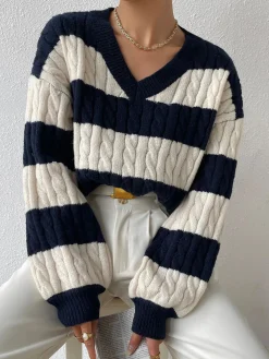 V-Neck Striped Cable Sweater