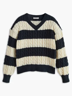 V-Neck Striped Cable Sweater