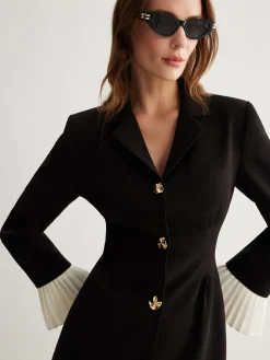 V-Neck Two-Tone Pleated Button Dress