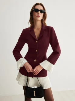 V-Neck Two-Tone Pleated Button Dress